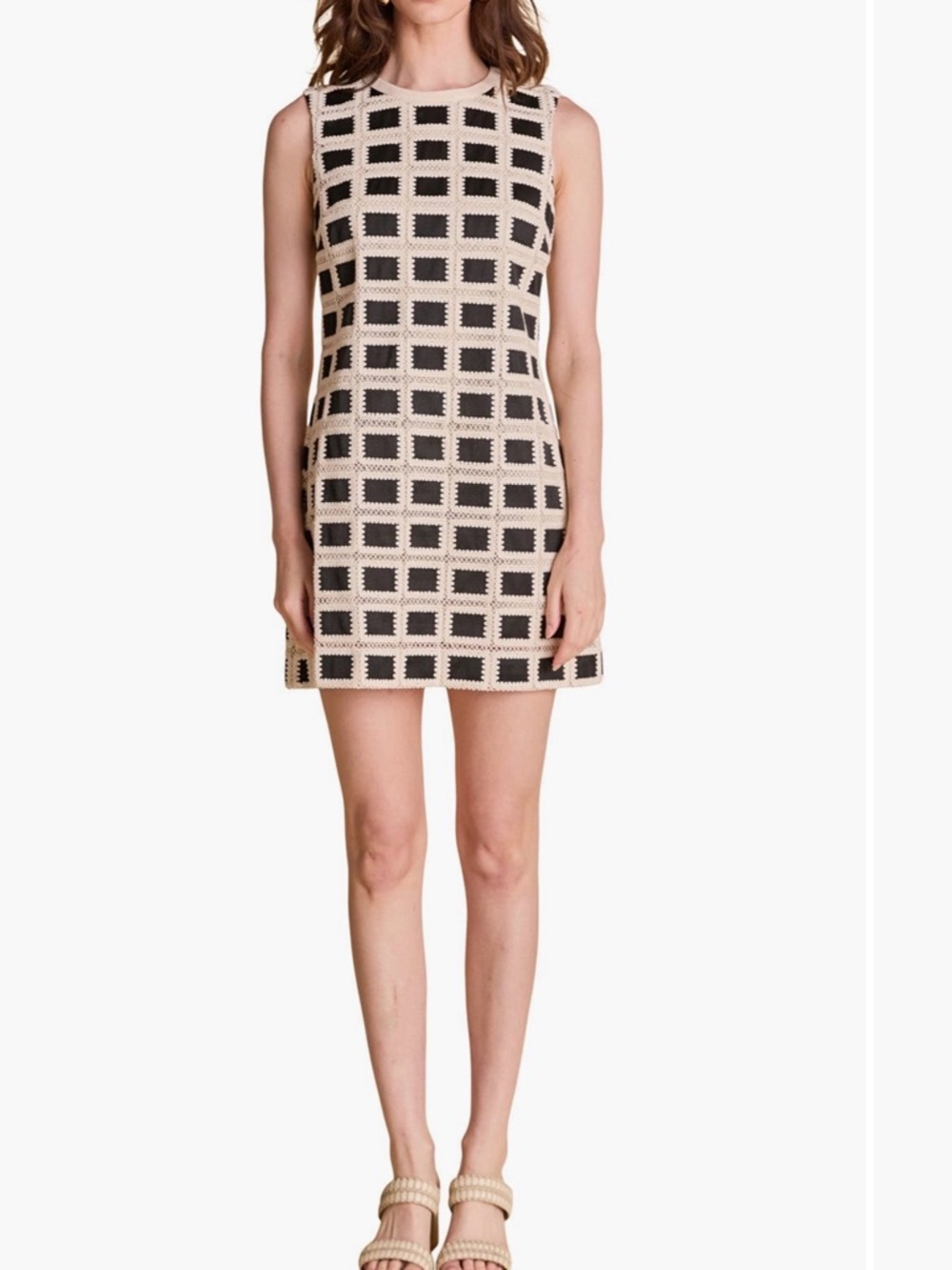 Sleeveless Beige and Black Crochet Grid Shift Dress